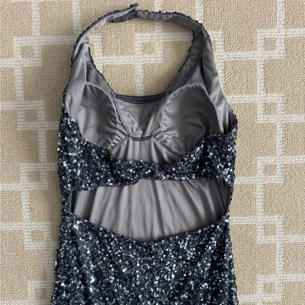 Nightway Sequined Halter Formal Gown Charcoal Gray Mesh Maxi Prom Dress 8 - Picture 7 of 14